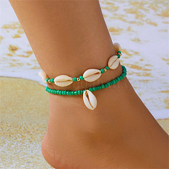 Bracelets de cheville extensibles à double couche en coquillage cauri naturel de style bohème et perles de verre pour femmes&nbsp;FS-WGC801A-04