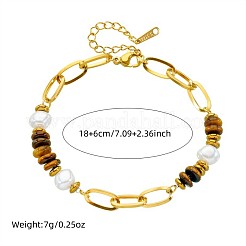Bracelet en acier inoxydable 304 avec chaîne trombone et perles rondelles œil de tigre naturel pour femme&nbsp;WGDB3B0-01