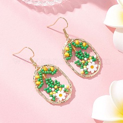 Orecchini pendenti ovali in vetro con fiore&nbsp;EJEW-MZ00627-03