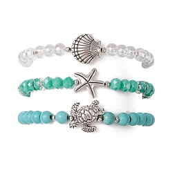 3шт 3 стиля круглые стеклянные и синтетические бирюзовые бусины наборы эластичных браслетов для женщин&nbsp;BJEW-JB11654