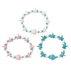 3 Stück 3 Farben Seestern & Schildkröte synthetische türkisfarbene Perlen Stretch-Armbänder für Frauen&nbsp;BJEW-JB12129