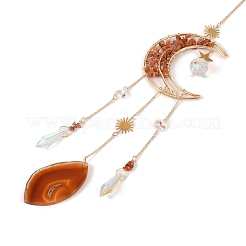 Обернутая проволокой натуральная луна из сердолика с подвесками в виде дерева жизни&nbsp;HJEW-K046-07G-03