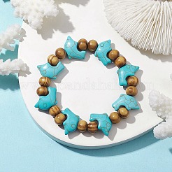 Пляжные эластичные браслеты с синтетической бирюзовой краской «дельфин» и бисером&nbsp;BJEW-JB10292-01