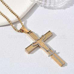 Zweifarbige religiöse Halskette mit Jesuskreuz-Anhänger aus Edelstahl 201 und Boxkette aus Edelstahl 304&nbsp;SA-CBA3211-02GP