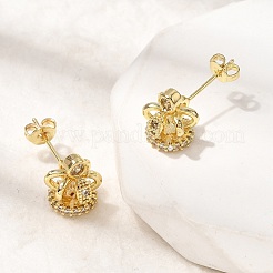 Серьги-гвоздики с короной из латуни с микропаве из прозрачных кубических цирконий для женщин&nbsp;EJEW-G460-04G