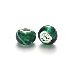 Perles européennes vernissées manuelles, perles de rondelle avec grand trou , en laiton de tonalité de platine noyaux doubles, verte, 14~15x9~10mm, Trou: 5mm