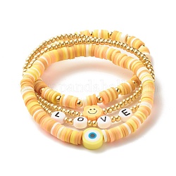 Ensemble de bracelets extensibles en perles heishi en argile polymère faits à la main, mot d'amour bracelets de perles acryliques, visage souriant et mauvais œil perles bracelets porte-bonheur, bracelets de perles rondes en laiton pour femmes, or, orange, diamètre intérieur: 1-7/8~2 1/8 pouces (4.8~5.3 cm), 4 pièces / kit