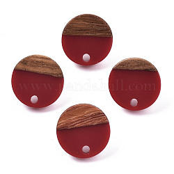 Orecchini a bottone in resina opaca e legno di noce, con 304 perno in acciaio inox, rotondo e piatto, rosso scuro, 14mm, Foro: 1.8 mm, ago :0.7mm