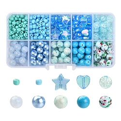 DIY-Perlen-Schmuckherstellungs-Set, einschließlich nachgemachter Jade & Crackle & Stern & Herz & runder Acryl- & Glasperlen, Blau, 4~10x3~9 mm, Bohrung: 1~2 mm, 709 Stück / Karton
