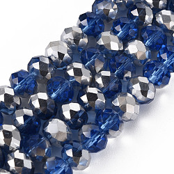 Placcare trasparente perle di vetro fili, mezzo argento placcato, sfaccettato, rondelle, blu medio, 8x6mm, Foro: 1 mm, circa 72pcs/filo, 16.14 pollice (41 cm)