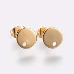 Ion Plating(IP) 304 Stainless Steel Stud Earring Findings, with Loop and Flat Plate, Ear Nuts/Earring Backs, Flat Round, Golden, 8x1mm, Hole: 1.2mm, Pin: 0.8mm