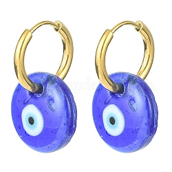 Pendientes de aro colgantes de mal de ojo de murano azul, 304 joya de acero inoxidable, dorado, 24x15mm
