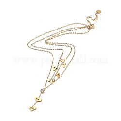 Collar dorado de doble capa con cadenas tipo cable de acero inoxidable 304, con dijes de circonitas cúbicas, corazón, 15.83 pulgada (40.2 cm)