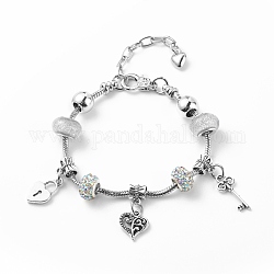 Bracelet européen en alliage coeur et squelette avec chaînes serpent, bracelet en perles de plastique et strass pour femme, blanc, 7.87 pouce (20 cm)