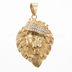 Grandes colgantes de 304 acero inoxidable, con diamante de imitación, león, dorado, 53x38x15mm, agujero: 11x8 mm
