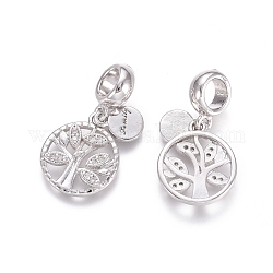 Brass Micro Pave Cubic Zirconia European Dangle Charms, Large Hole Pendants, Flat Round with Tree and Word Family, Clear, Platinum, 24.5mm, Flat Round: 8x6x1mm, Tree: 15x13x2mm, Hole: 5mm