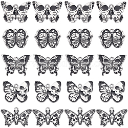 サニークルー20個5スタイルアロイエナメルペンダント  プラチナ  頭蓋骨と蝶  ブラック  19~23x28~30mm  4個/スタイル