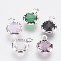 Glass Charms, with Brass Findings, Faceted Flat Round, Nickel Free, Real Platinum Plated, Mixed Color, 9.5x7x3mm, Hole: 1.2mm