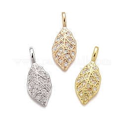 Rack Plating Brass Micro Pave Clear Cubic Zirconia Pendants, Long-Lasting Plated, Cadmium Free & Lead Free, Leaf, Mixed Color, 16.5x6.5x3mm, Hole: 2x2.5mm