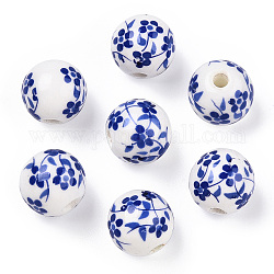 Perles en porcelaine manuelles, porcelaine bleue et blanche , ronde avec des fleurs, bleu, 12mm, Trou: 2mm
