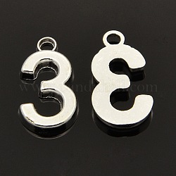Rack Plated Zinc Alloy Number Charms, Lead Free & Cadmium Free & Nickel Free, Silver Metal Color, Num.3, 18x6~10x2mm, Hole: 2mm