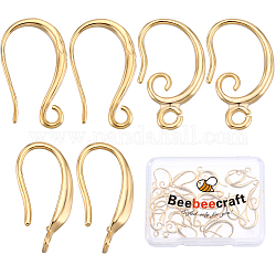 Beebeecraft 30Pcs 3 Styles Rack Plating Eco-friendly Brass Earring Hooks, Ear Wire, with Loops, Real 24K Gold Plated, 16~19x1.5~2.5mm, Hole: 1.5~2mm, Pin: 0.5~1mm, 10Pcs/style