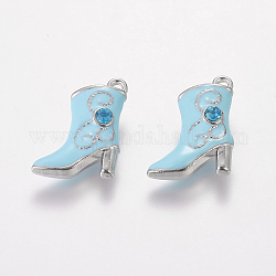 Alloy Enamel Pendants, Cadmium Free & Lead Free, with Rhinestones, Platinum Color, Boot, Sky Blue, about 16mm wide, 21mm long, hole: 1mm