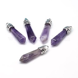 Bullet Platinum Plated Alloy Natural Amethyst Pointed Pendants, Cadmium Free & Lead Free, 33~40x8~9mm, Hole: 3x4mm