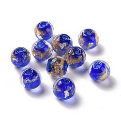 Main feuille de perles de verre au chalumeau d'or, ronde, bleu, 8mm, Trou: 1.4mm