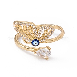Clear Cubic Zirconia Butterfly with Enamel Evil Eye Open Cuff Ring, Rack Plating Brass Jewelry for Women, Cadmium Free & Nickel Free & Lead Free, Real 18K Gold Plated, US Size 8(18.1mm)