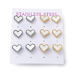 6 Pair 2 Color Heart Natural Shell Stud Earrings, 304 Stainless Steel Earrings, Golden & Stainless Steel Color, 10x11mm, 3 Pair/color