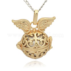 Golden Tone Brass Hollow Round Cage Pendants, with No Hole Spray Painted Brass Round Ball Beads, Round with Wing, Silver, 31x30x21mm, Hole: 3x8mm