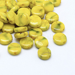 Perles acryliques d'effilage, peint à la bombe, plat rond, jaune, 9x3.5mm, Trou: 1mm