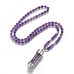 Natural Amethyst Pendant Necklace, with Glass Beads and Brass Findings, Bullet, 27.9 inch(71cm), beads: 6mm, pendant: 65x17.5mm