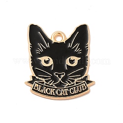 Colgantes de esmalte de aleación, la luz de oro, colgante de gato con palabra black cat club, negro, 24x21x1.5mm, agujero: 2 mm