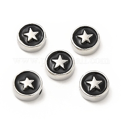 Perle di smalto in ottone, piatta e rotonda con stella, platino, nero, 10.8x4.6mm, Foro: 2 mm
