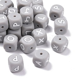 Cuentas del alfabeto de silicona para hacer pulseras o collares, estilo de letra, cubo gris, letras mezcladas al azar, 12x12x12mm, agujero: 3 mm