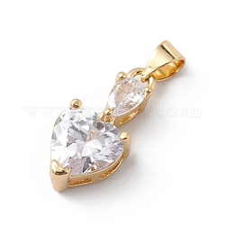 Rack Plating Brass Cubic Zirconia Pendants, Long-Lasting Plated, Cadmium Free & Lead Free, Real 18K Gold Plated, Heart Charm, Clear, 19x9x6mm, Hole: 5x3mm