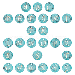 Ensembles de fabrication de pendentifs de bijoux Sunnyclue DIY, avec breloques synthétiques turquoise, avec alphabet en plastique, plat rond, 15x2mm, Trou: 1.5mm, 26 lettres, 1pc / lettre, 26 pcs / boîte