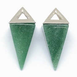 Natural Green Aventurine Pendants, with Alloy Findings, Triangle, Platinum, 34x14x14.5mm, Hole: 4x6mm