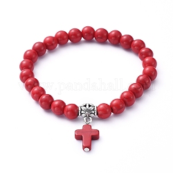Bracelets extensibles avec breloque, avec des perles synthétiques turquoise(teintes), bélières en alliage de style tibétain, croix, firebrick, diamètre intérieur: 2-1/8 pouce (5.4 cm)
