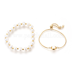 Pearl Bracelets Sets, Slider Bracelets and Stretch Bracelets, with Brass Findings, Round, 2-1/8 inch(5.4cm), 8.6 inch(22cm), 2pcs/set