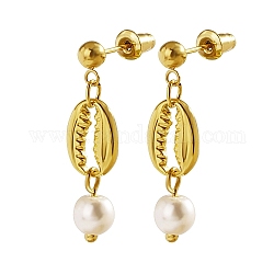Pendientes colgantes de 304 acero inoxidable, pendientes de perlas naturales, con forma de concha, real 18k chapado en oro, 32x8mm