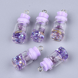 Décorations de bouteille en verre, avec résine strass et bouchon, fleur séchée et fer, platine, lilas, 26~27x9.5~10mm, Trou: 1.8mm