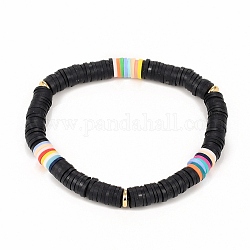 Bracciali elasticizzati fatti a mano in perle di argilla polimerica, con perline in ottone spacer, nero, diametro interno: 2-1/2 pollice (6.3 cm)