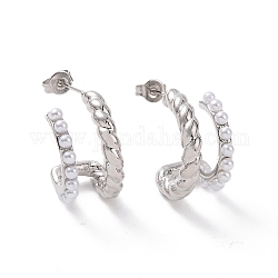 ABS Plastic Pearl Beaded Arc Stud Earrings, Brass Wire Wrap Jewelry for Women, Platinum, 14.5x20.5x11mm, Pin: 0.8mm