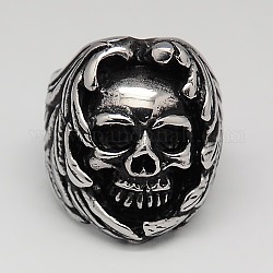 Уникальные ретро Хэллоуин украшения черепа кольца для мужчин, 304 из нержавеющей стали шириной кольца, античное серебро, 17~23 мм