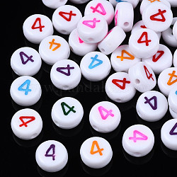 White Opaque Acrylic Beads, Flat Round with Mixed Color Number, Num.4, 7x3.5mm, Hole: 1.2mm, about 3800pcs/500g