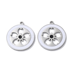 304 Stainless Steel Pendants, with Enamel, Flat Round with Sakura Charm, Stainless Steel Color, 22x20x1.5mm, Hole: 1.6mm