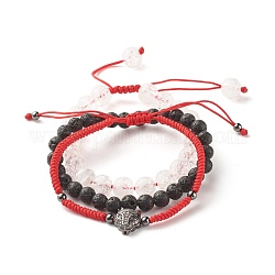 Ensemble de bracelets de perles tressées en quartz naturel craquelé et pierre de lave, Bracelets de perles de zircone cubique en laiton léopard pour femmes, rouge, gunmetal, diamètre intérieur: 2~3.15 pouce (5.2~8 cm), 3 pièces / kit